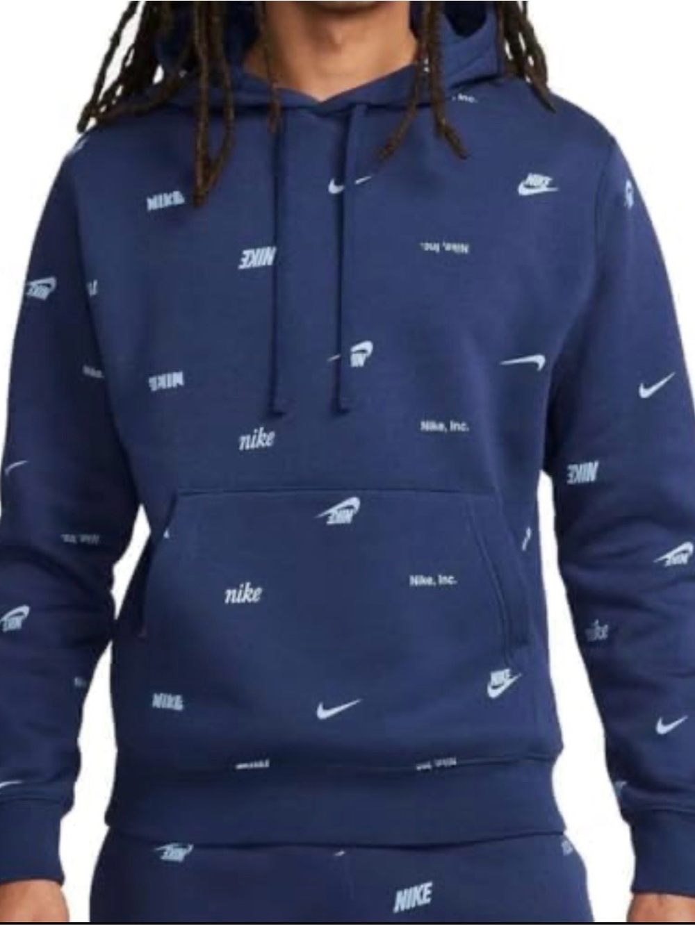 Nike Men’s Navy Blue Allover Logo Hoodie good condition size M